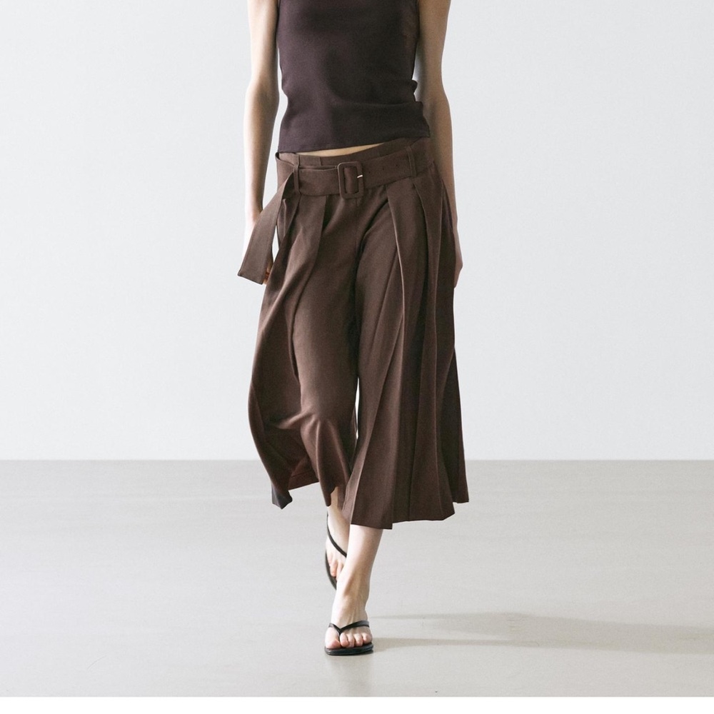 Massimo Dutti Brown Pleated Culottes with Waist Belt